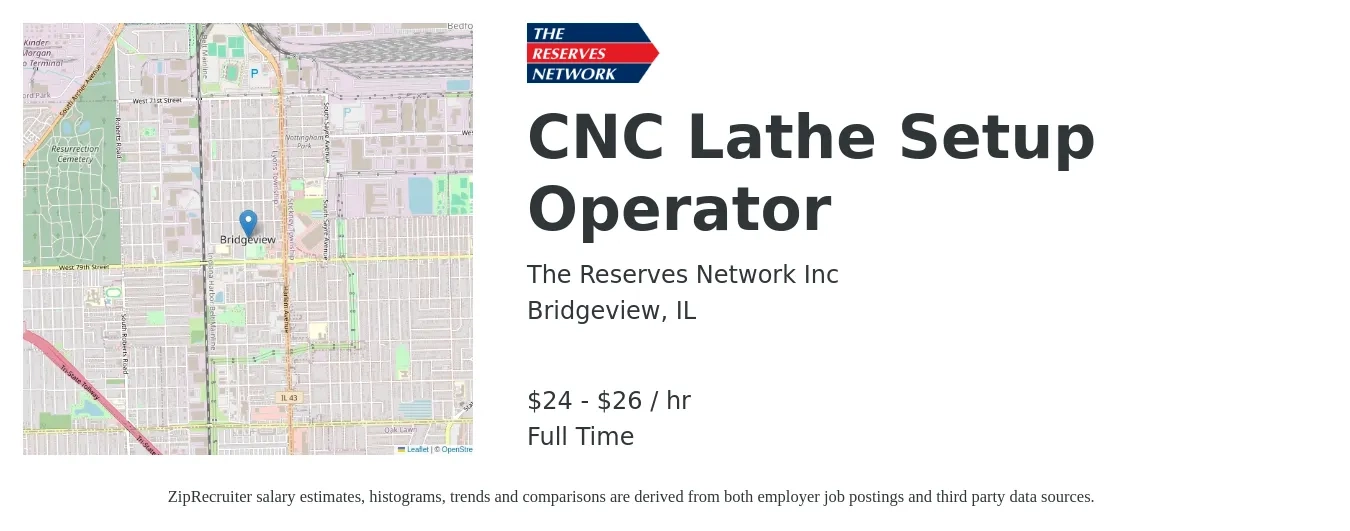 The Reserves Network Inc job posting for a CNC Lathe Setup Operator in Bridgeview, IL with a salary of $25 to $28 Hourly with a map of Bridgeview location.