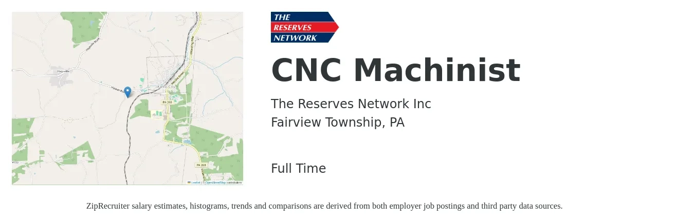 The Reserves Network Inc job posting for a CNC Machinist in Fairview Township, PA with a salary of $20 to $28 Hourly with a map of Fairview Township location.