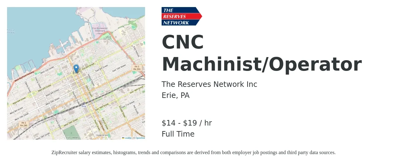 The Reserves Network Inc job posting for a CNC Machinist/Operator in Erie, PA with a salary of $15 to $20 Hourly with a map of Erie location.