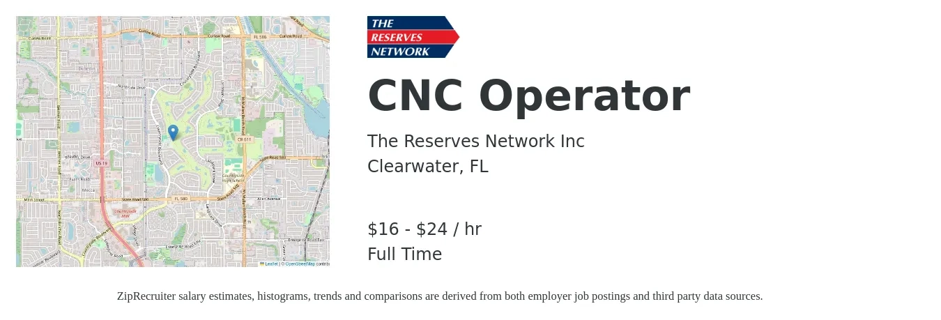 The Reserves Network Inc job posting for a CNC Operator in Clearwater, FL with a salary of $17 to $18 Hourly with a map of Clearwater location.