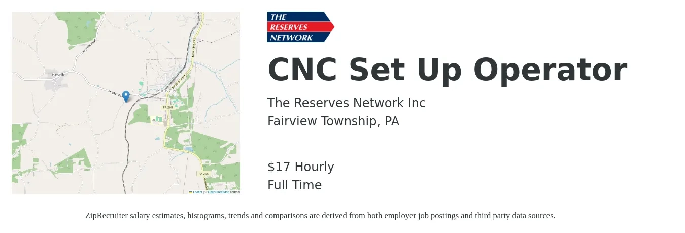 The Reserves Network Inc job posting for a CNC Set Up Operator in Fairview Township, PA with a salary of $18 Hourly with a map of Fairview Township location.