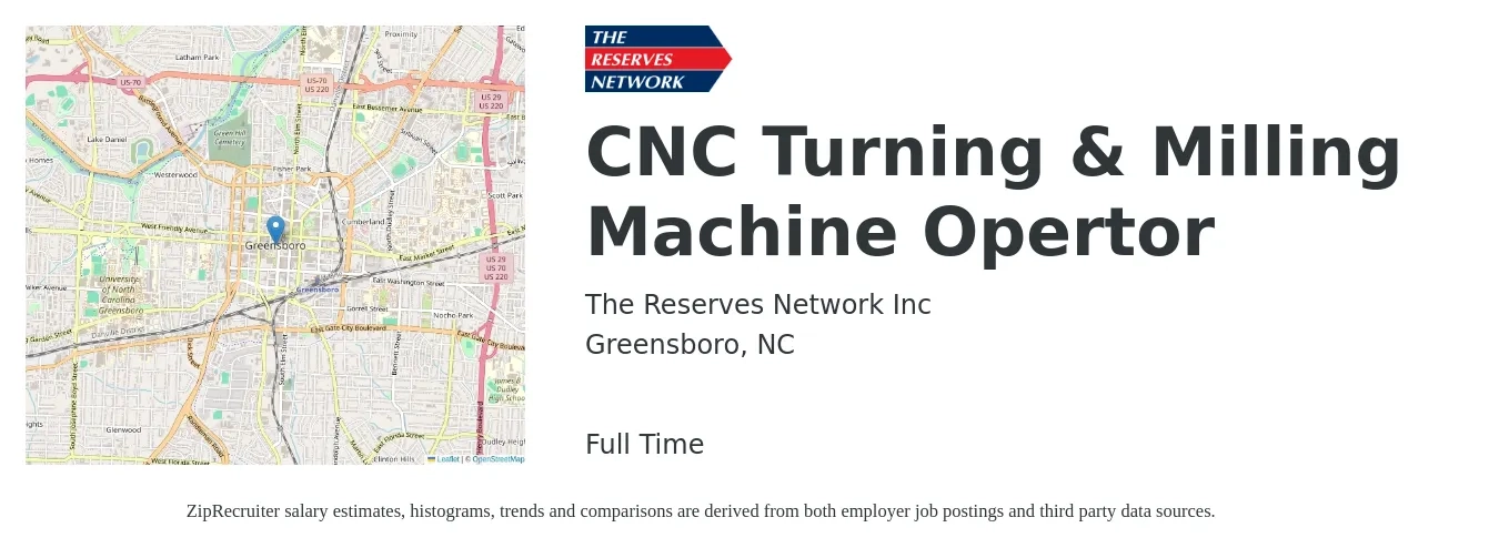 The Reserves Network Inc job posting for a CNC Turning & Milling Machine Opertor in Greensboro, NC with a salary of $20 to $27 Hourly with a map of Greensboro location.