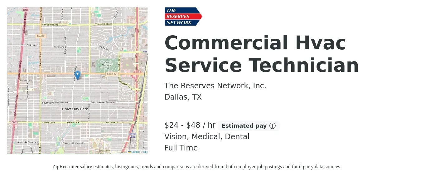 The Reserves Network, Inc. job posting for a Commercial Hvac Service Technician in Dallas, TX with a salary of $25 to $50 Hourly and benefits including dental, life_insurance, medical, pto, retirement, and vision with a map of Dallas location.