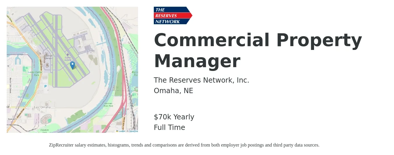 The Reserves Network, Inc. job posting for a Commercial Property Manager in Omaha, NE with a salary of $70,000 to $80,000 Yearly (plus commission) and benefits including dental, life_insurance, medical, pto, retirement, and vision with a map of Omaha location.