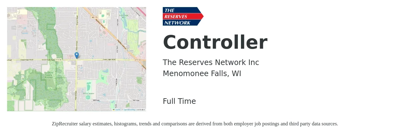 The Reserves Network Inc job posting for a Controller in Menomonee Falls, WI with a salary of $97,300 to $139,000 Yearly with a map of Menomonee Falls location.