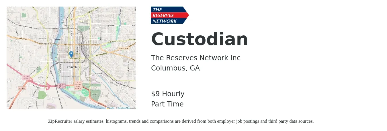 The Reserves Network Inc job posting for a Custodian in Columbus, GA with a salary of $10 Hourly with a map of Columbus location.