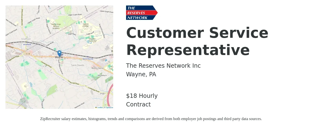 The Reserves Network Inc job posting for a Customer Service Representative in Wayne, PA with a salary of $19 Hourly with a map of Wayne location.