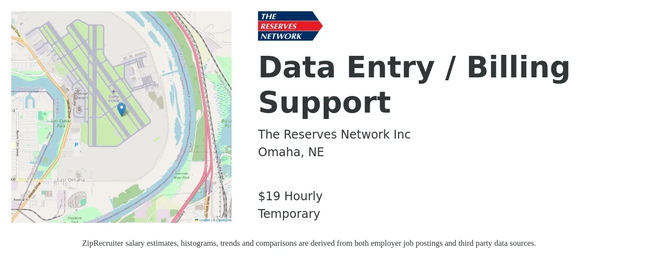 The Reserves Network Inc job posting for a Data Entry / Billing Support in Omaha, NE with a salary of $20 Hourly with a map of Omaha location.