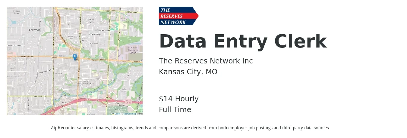 The Reserves Network Inc job posting for a Data Entry Clerk in Kansas City, MO with a salary of $15 Hourly with a map of Kansas City location.