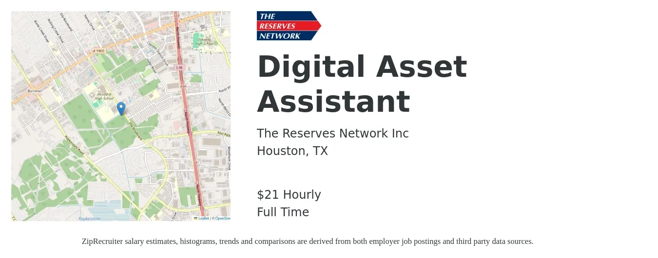 The Reserves Network Inc job posting for a Digital Asset Assistant in Houston, TX with a salary of $22 Hourly with a map of Houston location.