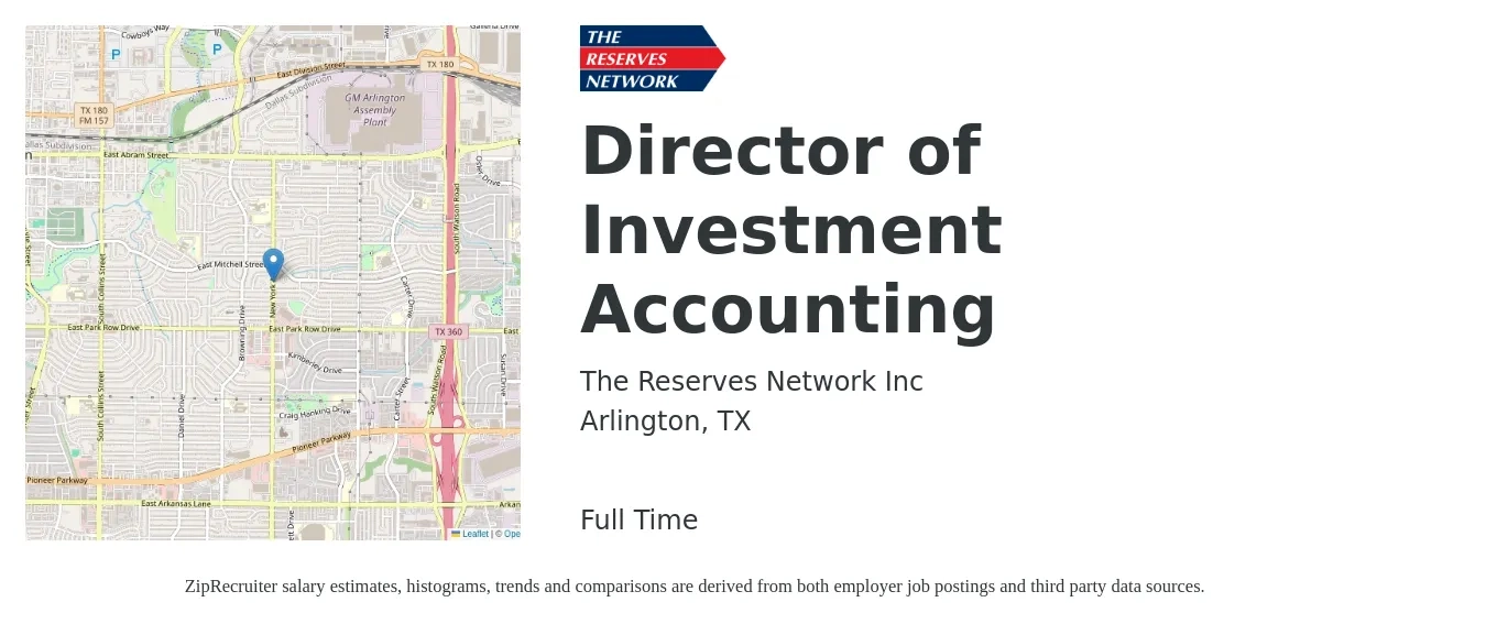 The Reserves Network Inc job posting for a Director of Investment Accounting in Arlington, TX with a salary of $94,500 to $144,000 Yearly with a map of Arlington location.