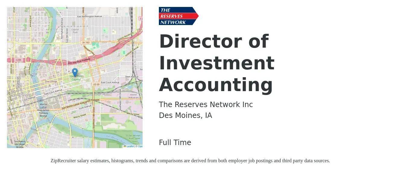 The Reserves Network Inc job posting for a Director of Investment Accounting in Des Moines, IA with a salary of $102,500 to $156,100 Yearly with a map of Des Moines location.