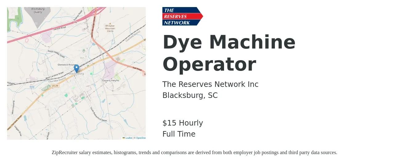 The Reserves Network Inc job posting for a Dye Machine Operator in Blacksburg, SC with a salary of $16 Hourly with a map of Blacksburg location.