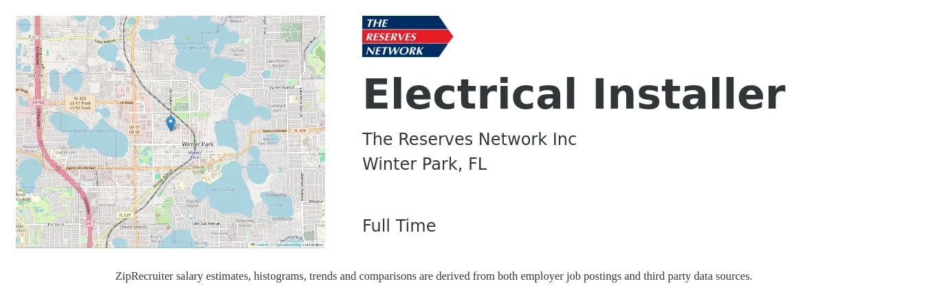 The Reserves Network Inc job posting for a Electrical Installer in Winter Park, FL with a salary of $18 to $27 Hourly with a map of Winter Park location.