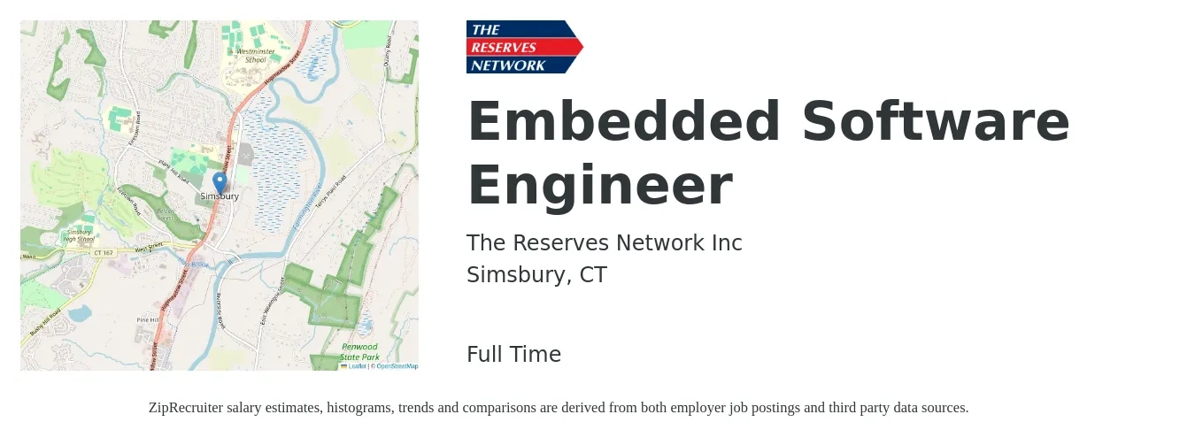 The Reserves Network Inc job posting for a Embedded Software Engineer in Simsbury, CT with a salary of $133,400 to $175,500 Yearly with a map of Simsbury location.