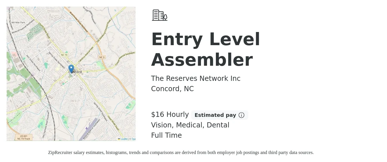 The Reserves Network job posting for a Entry Level Assembler in Concord, NC with a salary of $17 Hourly and benefits including dental, life_insurance, medical, retirement, and vision with a map of Concord location.