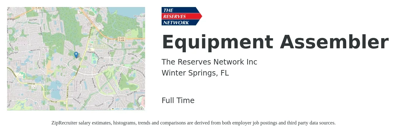 The Reserves Network Inc job posting for a Equipment Assembler in Winter Springs, FL with a salary of $14 to $17 Hourly with a map of Winter Springs location.