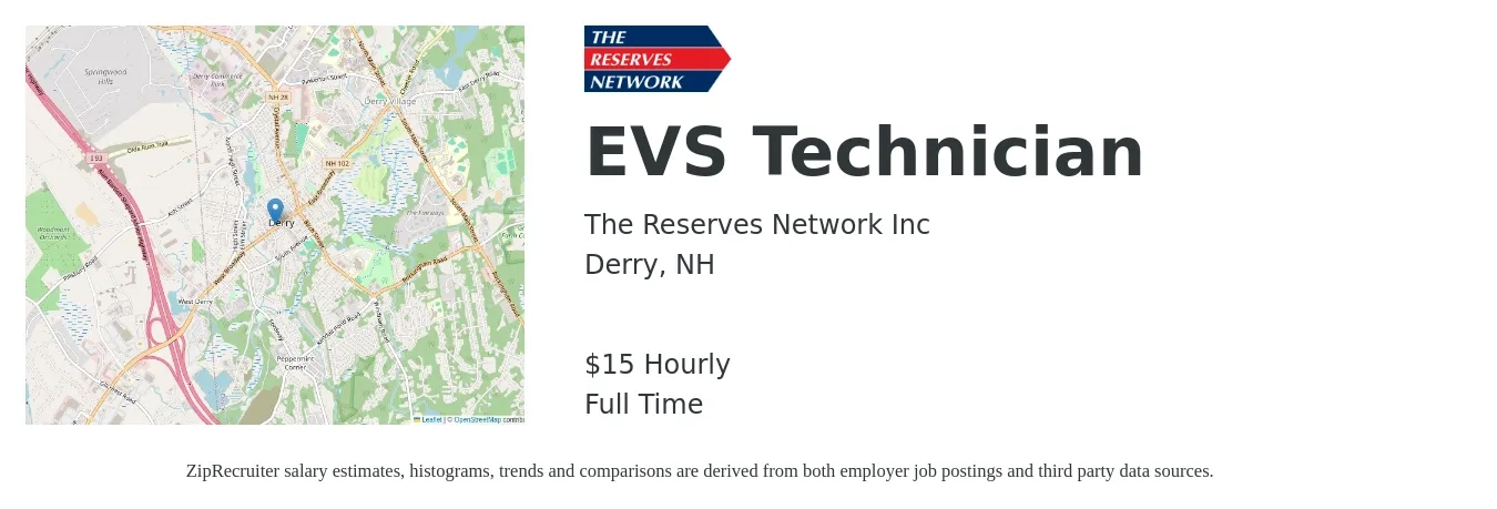 The Reserves Network Inc job posting for a EVS Technician in Derry, NH with a salary of $16 Hourly with a map of Derry location.