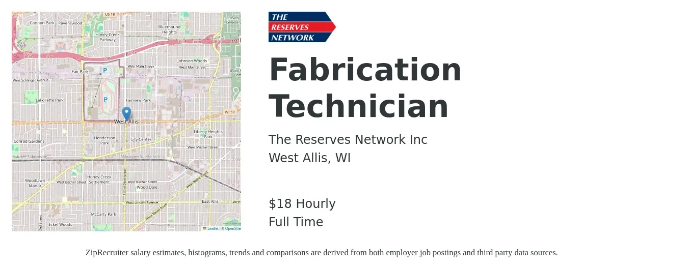 The Reserves Network Inc job posting for a Fabrication Technician in West Allis, WI with a salary of $19 Hourly with a map of West Allis location.