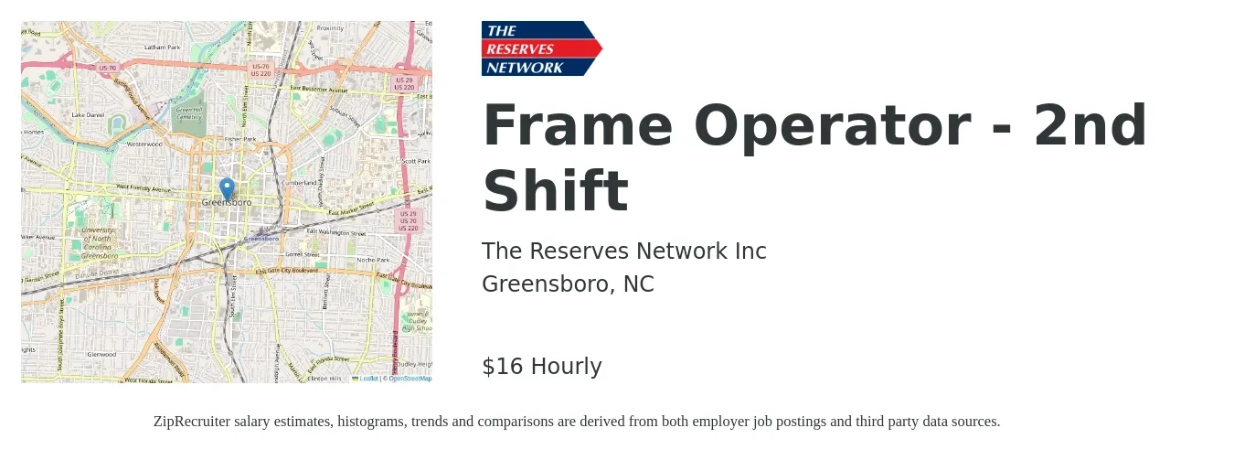 The Reserves Network Inc job posting for a Frame Operator - 2nd Shift in Greensboro, NC with a salary of $17 Hourly with a map of Greensboro location.