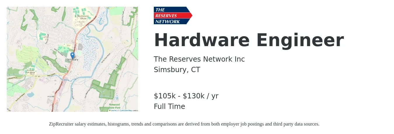 The Reserves Network Inc job posting for a Hardware Engineer in Simsbury, CT with a salary of $105,000 to $130,000 Yearly with a map of Simsbury location.