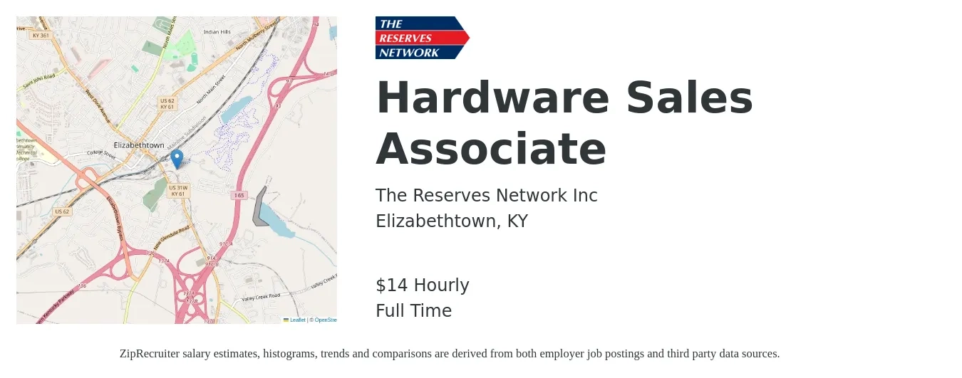 The Reserves Network Inc job posting for a Hardware Sales Associate in Elizabethtown, KY with a salary of $15 Hourly with a map of Elizabethtown location.