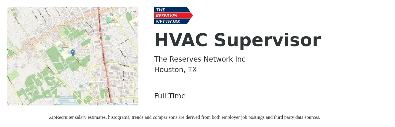 The Reserves Network Inc job posting for a HVAC Supervisor in Houston, TX with a salary of $64,000 to $93,600 Yearly with a map of Houston location.
