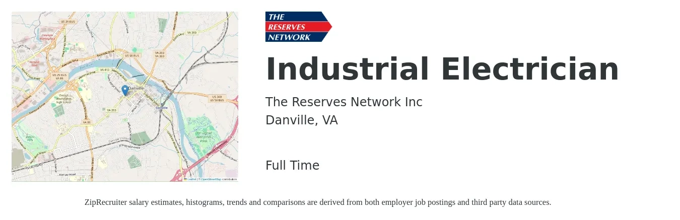 The Reserves Network Inc job posting for a Industrial Electrician in Danville, VA with a salary of $27 to $34 Hourly with a map of Danville location.