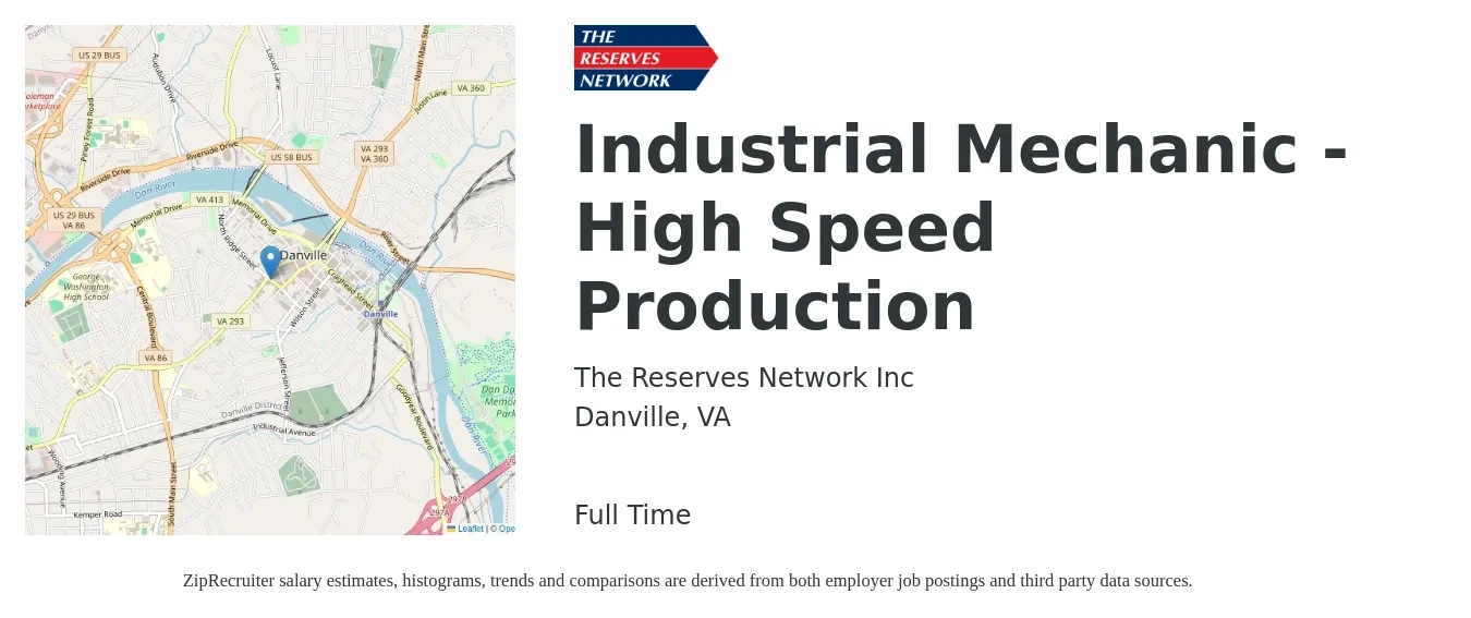 The Reserves Network Inc job posting for a Industrial Mechanic - High Speed Production in Danville, VA with a salary of $26 to $32 Hourly with a map of Danville location.