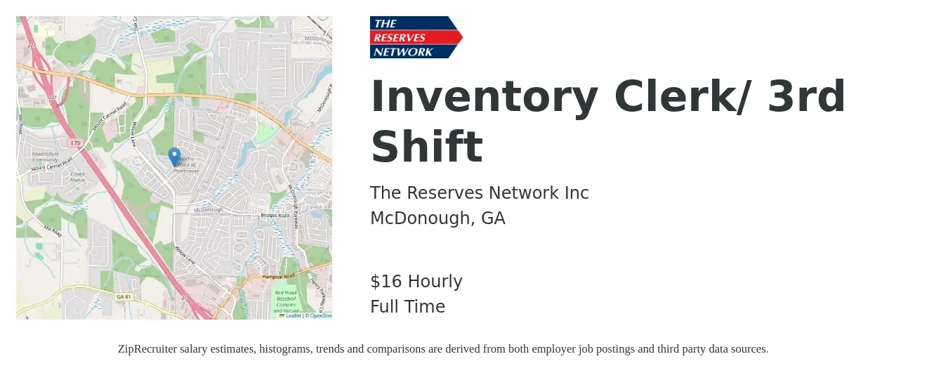 The Reserves Network Inc job posting for a Inventory Clerk/ 3rd Shift in McDonough, GA with a salary of $17 Hourly with a map of McDonough location.