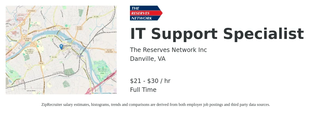 The Reserves Network Inc job posting for a IT Support Specialist in Danville, VA with a salary of $22 to $32 Hourly with a map of Danville location.
