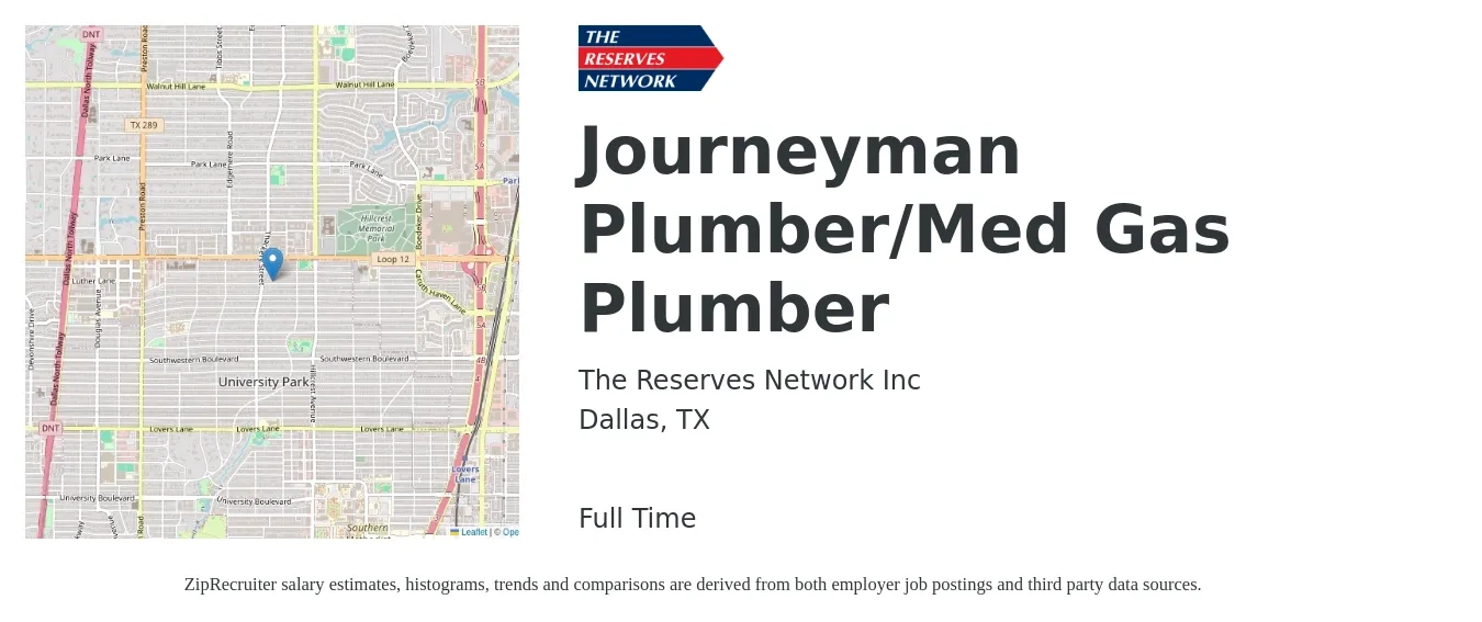 The Reserves Network Inc job posting for a Journeyman Plumber/Med Gas Plumber in Dallas, TX with a salary of $28 to $39 Hourly with a map of Dallas location.