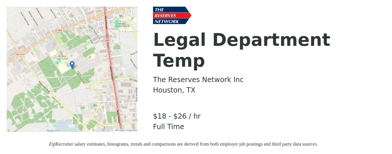 The Reserves Network Inc job posting for a Legal Department Temp in Houston, TX with a salary of $19 to $28 Hourly with a map of Houston location.