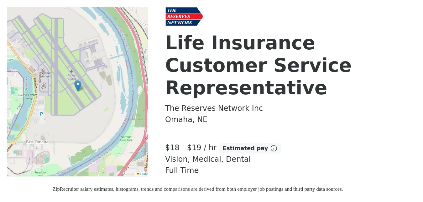 The Reserves Network, Inc. job posting for a Life Insurance Customer Service Representative in Omaha, NE with a salary of $19 to $20 Hourly and benefits including medical, retirement, vision, dental, and life_insurance with a map of Omaha location.