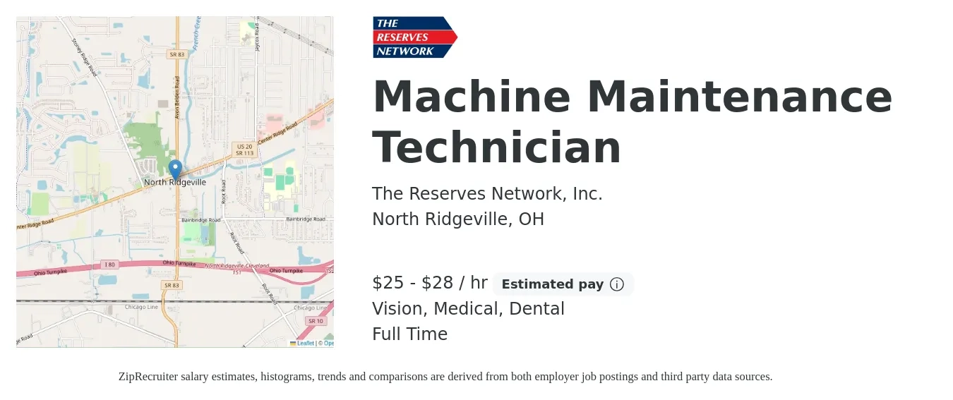 The Reserves Network, Inc. job posting for a Machine Maintenance Technician in North Ridgeville, OH with a salary of $27 to $30 Hourly and benefits including medical, retirement, vision, and dental with a map of North Ridgeville location.