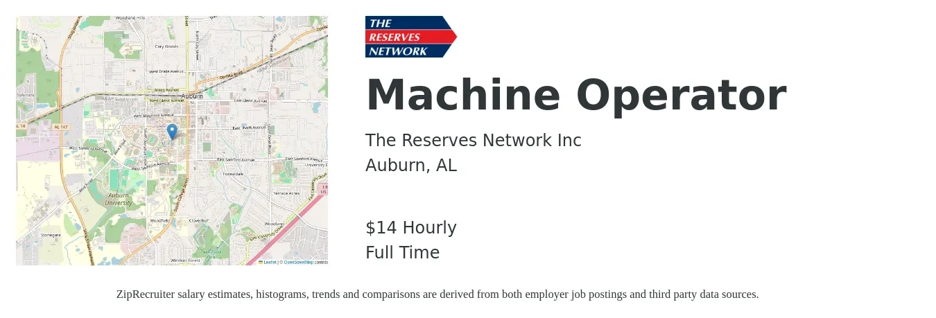 The Reserves Network Inc job posting for a Machine Operator in Auburn, AL with a salary of $15 Hourly with a map of Auburn location.