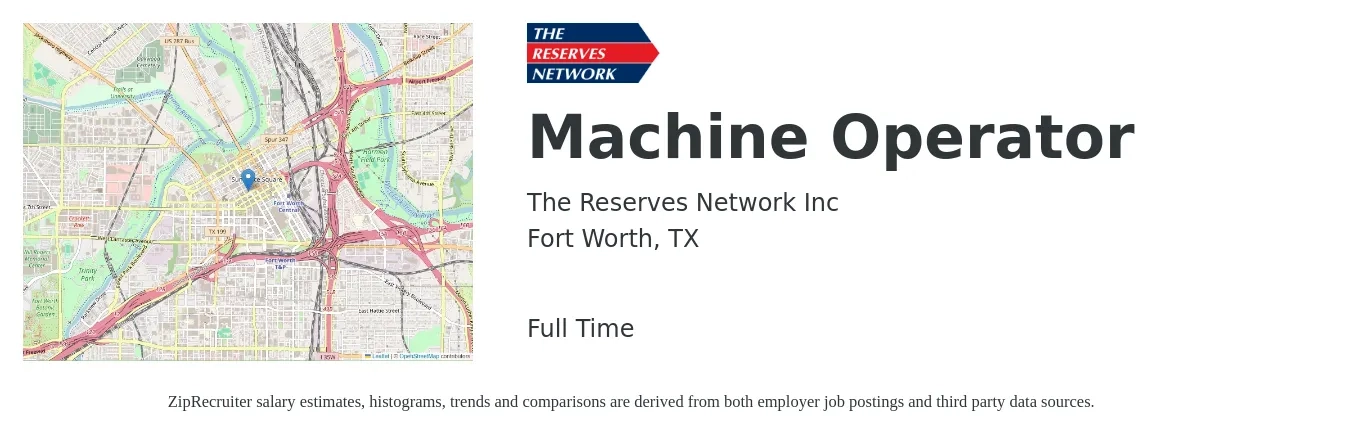 The Reserves Network Inc job posting for a Machine Operator in Fort Worth, TX with a salary of $17 Hourly with a map of Fort Worth location.