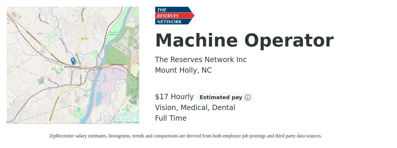 The Reserves Network, Inc. job posting for a Machine Operator in Mount Holly, NC with a salary of $18 Hourly and benefits including dental, life_insurance, medical, retirement, and vision with a map of Mount Holly location.