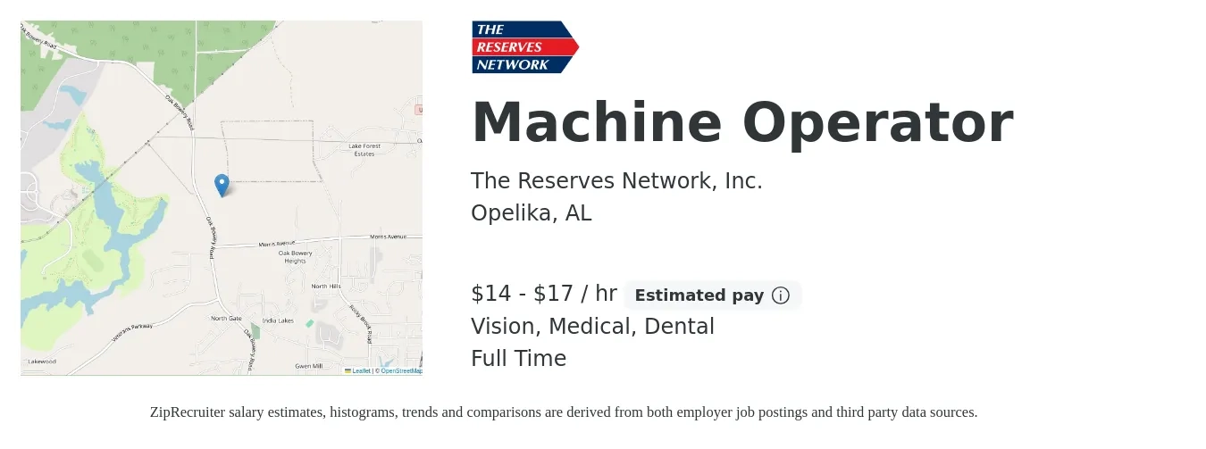 The Reserves Network, Inc. job posting for a Machine Operator in Opelika, AL with a salary of $15 Hourly and benefits including dental, medical, and vision with a map of Opelika location.
