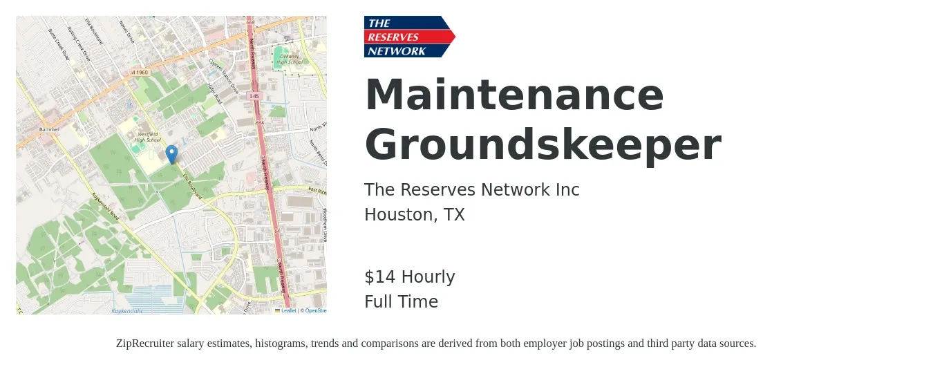 The Reserves Network Inc job posting for a Maintenance Groundskeeper in Houston, TX with a salary of $15 Hourly with a map of Houston location.