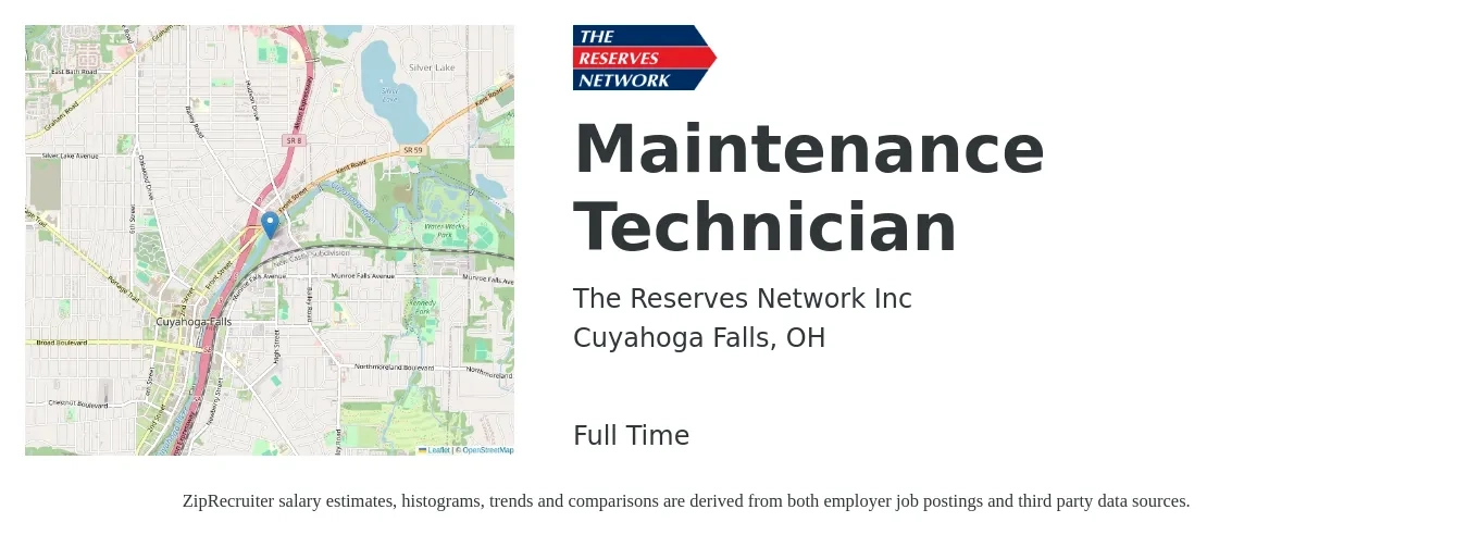 The Reserves Network Inc job posting for a Maintenance Technician in Cuyahoga Falls, OH with a salary of $18 to $24 Hourly with a map of Cuyahoga Falls location.