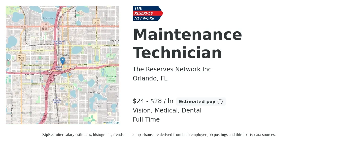 The Reserves Network Inc job posting for a Maintenance Technician in Orlando, FL with a salary of $25 to $35 Hourly with a map of Orlando location.