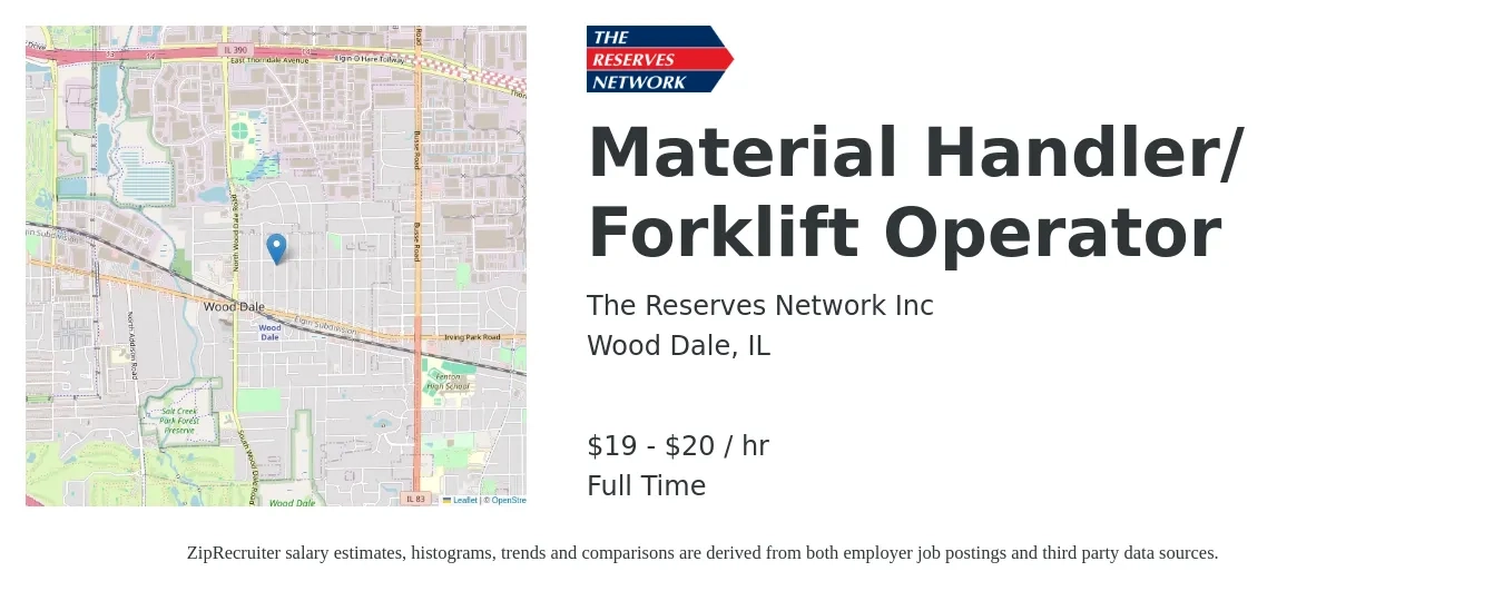 The Reserves Network, Inc. job posting for a Material Handler Forklift Operator in Wood Dale, IL with a salary of $18 to $19 Hourly and benefits including dental, life_insurance, medical, pto, retirement, and vision with a map of Wood Dale location.