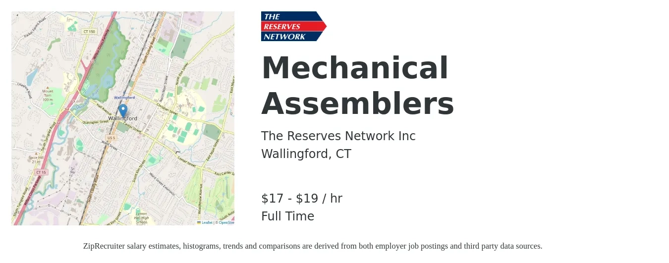 The Reserves Network Inc job posting for a Mechanical Assemblers in Wallingford, CT with a salary of $18 to $20 Hourly with a map of Wallingford location.