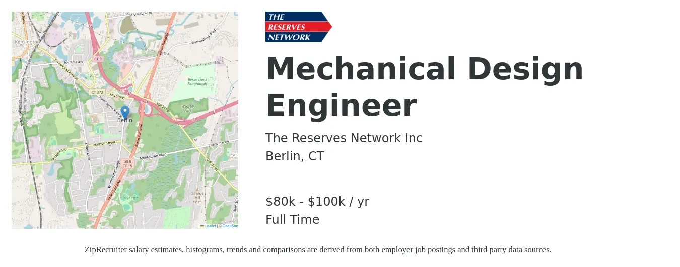 The Reserves Network Inc job posting for a Mechanical Design Engineer in Berlin, CT with a salary of $80,000 to $100,000 Yearly with a map of Berlin location.