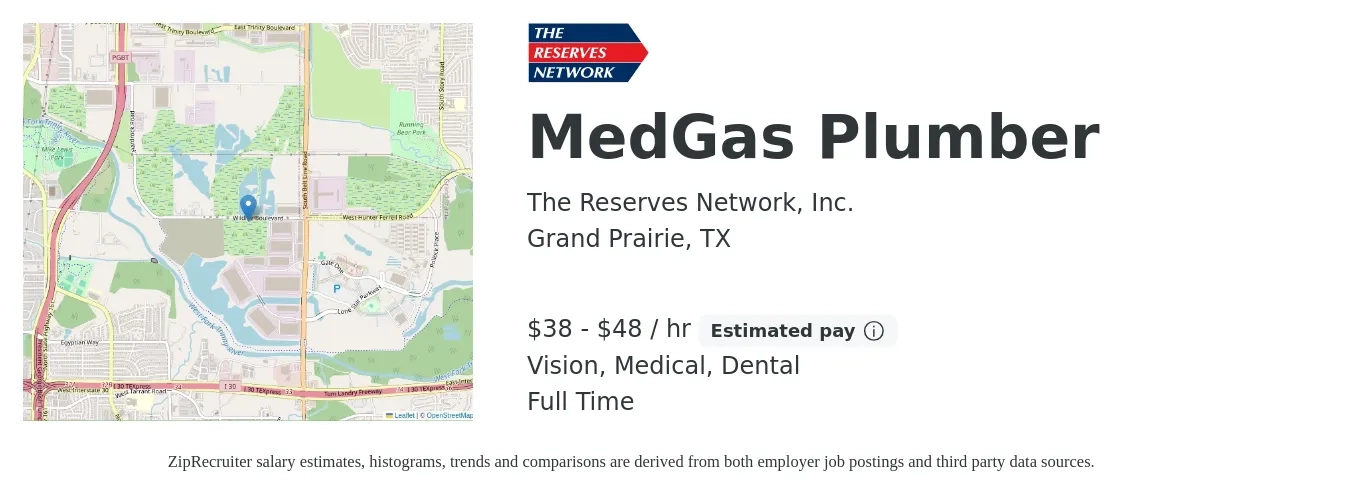 The Reserves Network, Inc. job posting for a MedGas Plumber in Grand Prairie, TX with a salary of $40 to $50 Hourly and benefits including medical, pto, retirement, vision, dental, and life_insurance with a map of Grand Prairie location.