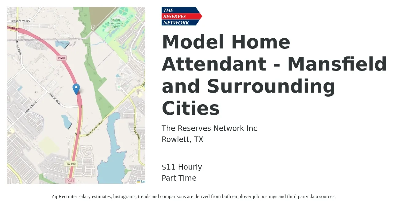 The Reserves Network Inc job posting for a Model Home Attendant - Mansfield and Surrounding Cities in Rowlett, TX with a salary of $12 Hourly with a map of Rowlett location.