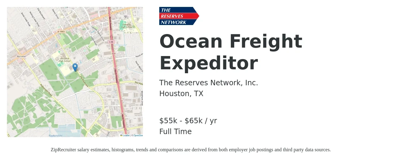 The Reserves Network Inc job posting for a Ocean Freight Expeditor in Houston, TX with a salary of $55,000 to $65,000 Yearly with a map of Houston location.