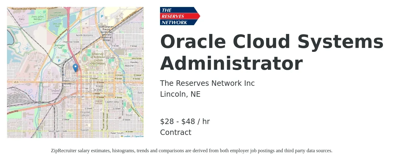The Reserves Network Inc job posting for a Oracle Cloud Systems Administrator in Lincoln, NE with a salary of $30 to $50 Hourly with a map of Lincoln location.