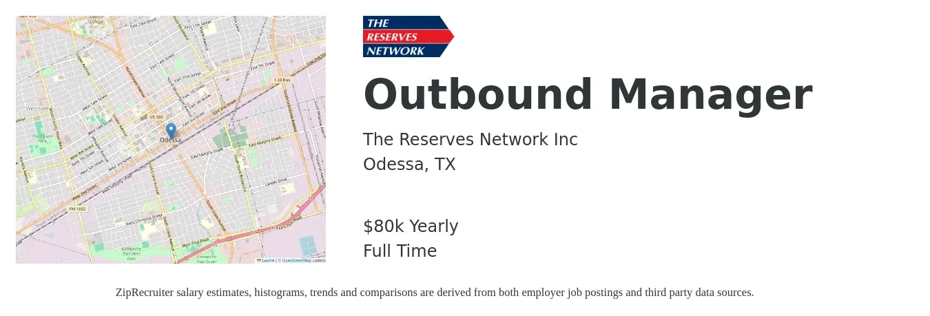 The Reserves Network, Inc. job posting for a Outbound Manager in Odessa, TX with a salary of $70,000 to $85,000 Yearly and benefits including dental, life_insurance, medical, and vision with a map of Odessa location.